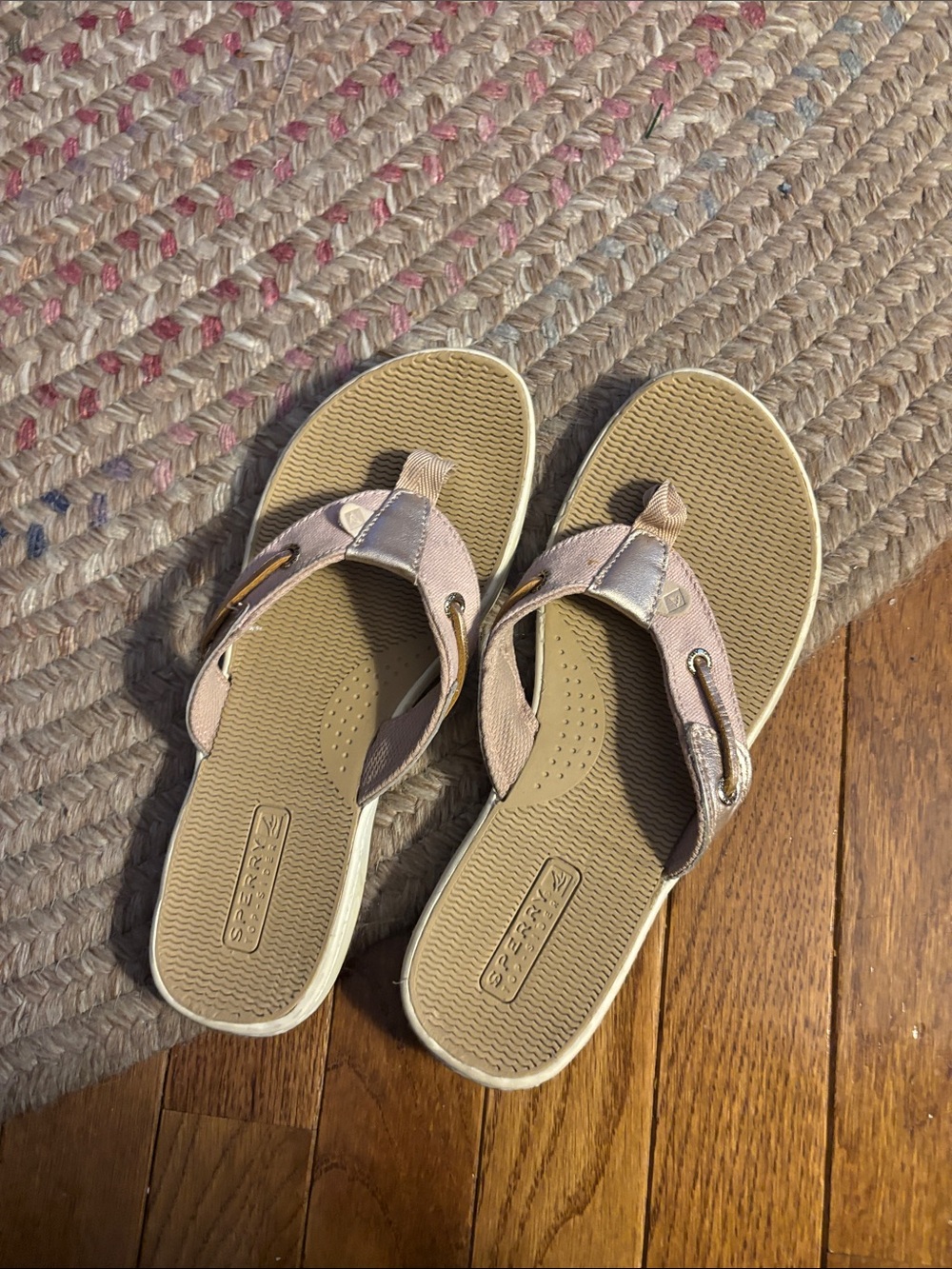 Sperry Rose Gold Metallic Thong Sandals with Tan Footbed